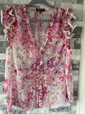 Women GENERATION LOVE Cap Sleeve Floral Sheer Shirt Top-Pearl Accents-Pink-XL